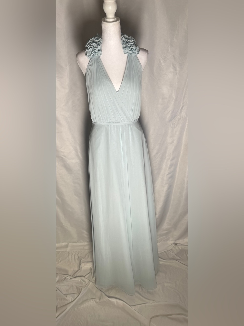 Bari Jay Misty Blue Halter Floral Strap Chiffon Maxi Gown Formal Dress